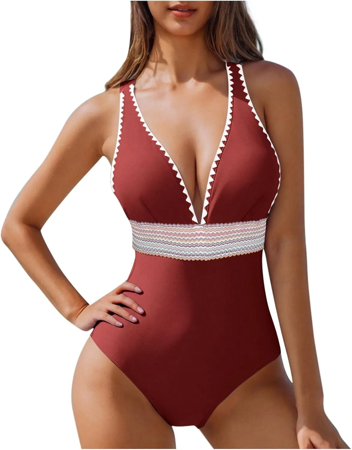 One Piece Swimsuit Women Tummy Control Bathing Suits Slimming Modest Color Block Swim Suits 2025 V Neck Swimwear