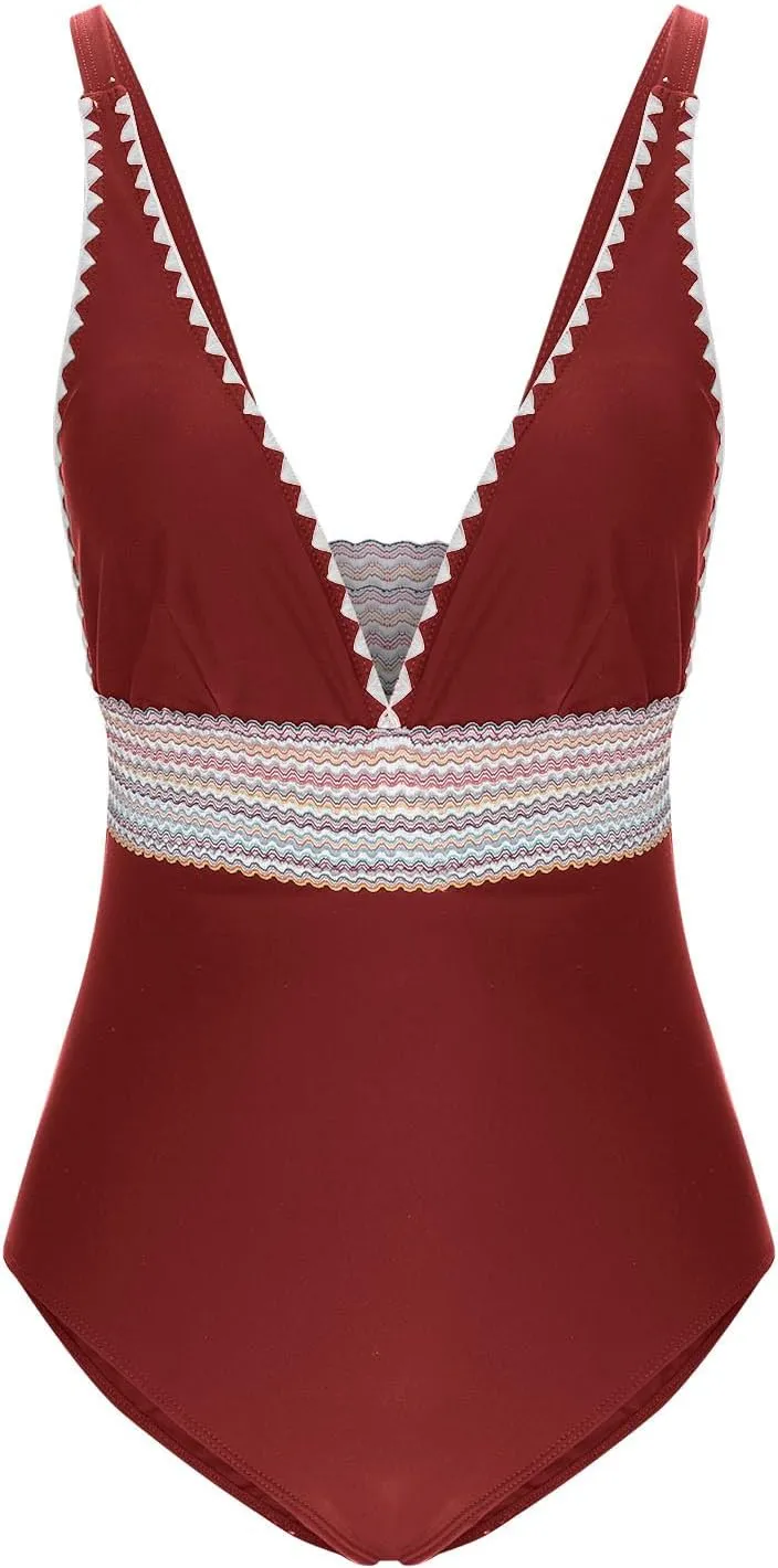 One Piece Swimsuit Women Tummy Control Bathing Suits Slimming Modest Color Block Swim Suits 2025 V Neck Swimwear