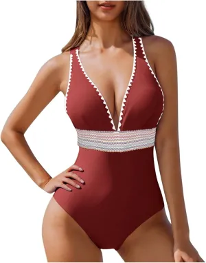 One Piece Swimsuit Women Tummy Control Bathing Suits Slimming Modest Color Block Swim Suits 2025 V Neck Swimwear