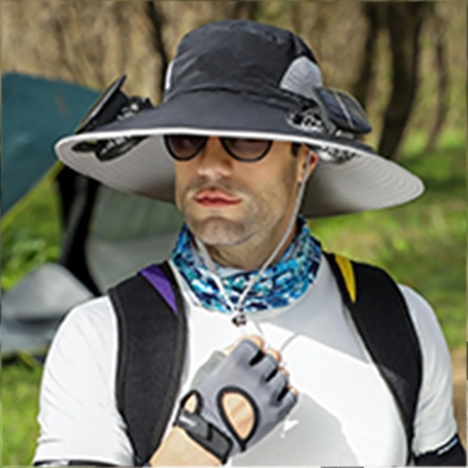 Outdoor Wide Brim Sun Hat with 2 Solar Universal Fan Sun Bucket Hat UPF 50  Bucket Fishing Beach Hat Fan Built in