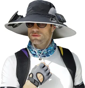 Outdoor Wide Brim Sun Hat with 2 Solar Universal Fan Sun Bucket Hat UPF 50  Bucket Fishing Beach Hat Fan Built in
