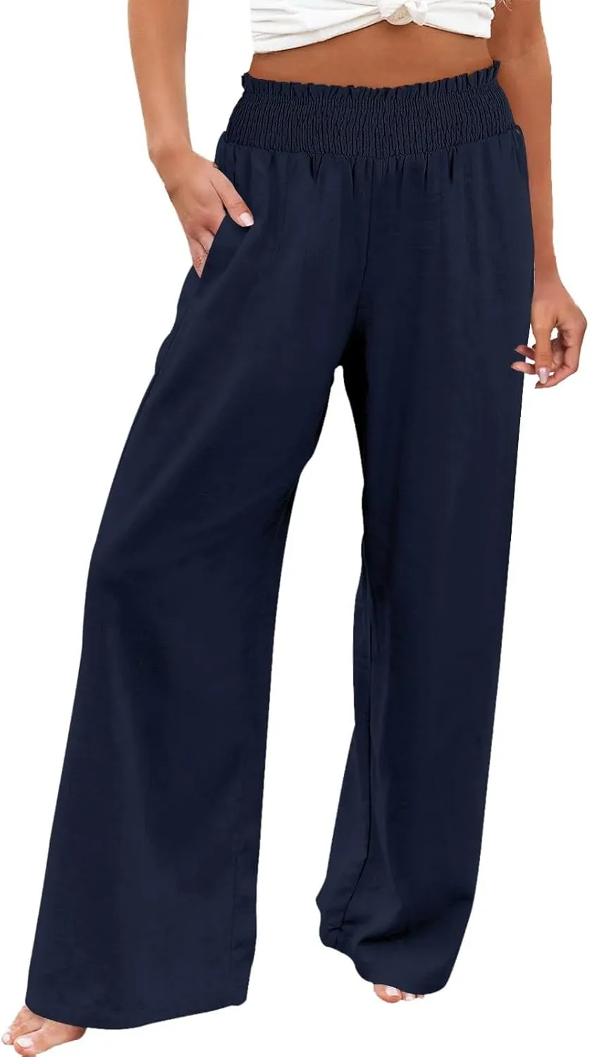 Palazzo Linen Pants Women 2024 High Waisted Wide Leg Boho Trousers Casual Drawstring Loose Workout Pants with Pockets