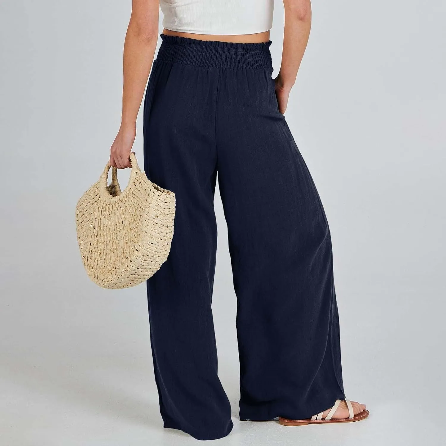 Palazzo Linen Pants Women 2024 High Waisted Wide Leg Boho Trousers Casual Drawstring Loose Workout Pants with Pockets
