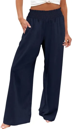 Palazzo Linen Pants Women 2024 High Waisted Wide Leg Boho Trousers Casual Drawstring Loose Workout Pants with Pockets