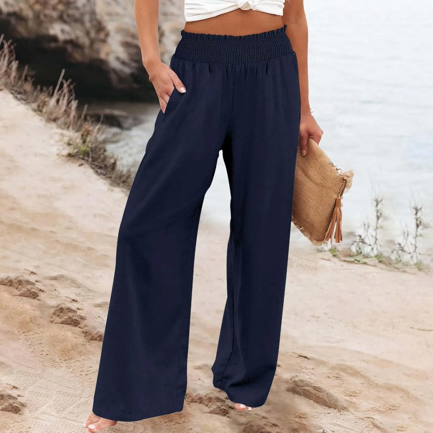 Palazzo Linen Pants Women 2024 High Waisted Wide Leg Boho Trousers Casual Drawstring Loose Workout Pants with Pockets