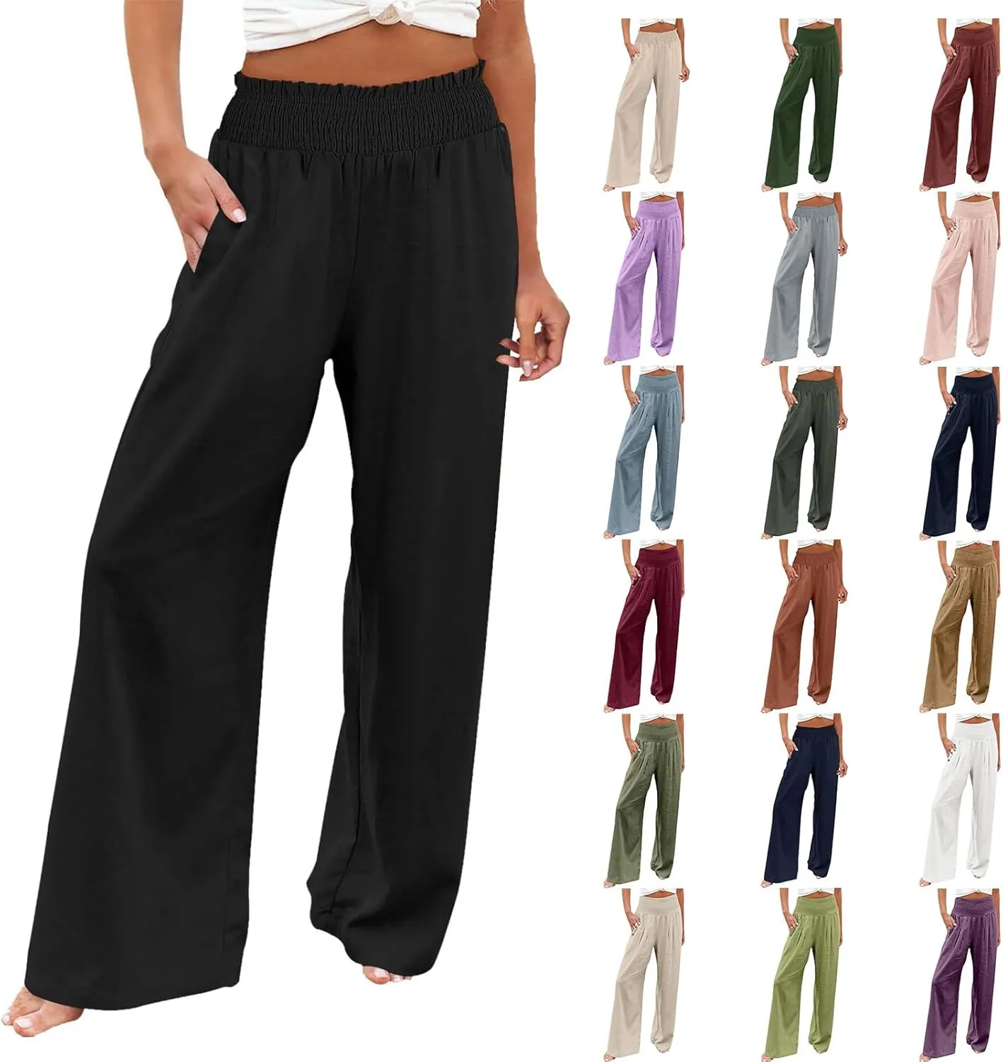 Palazzo Linen Pants Women 2024 High Waisted Wide Leg Boho Trousers Casual Drawstring Loose Workout Pants with Pockets