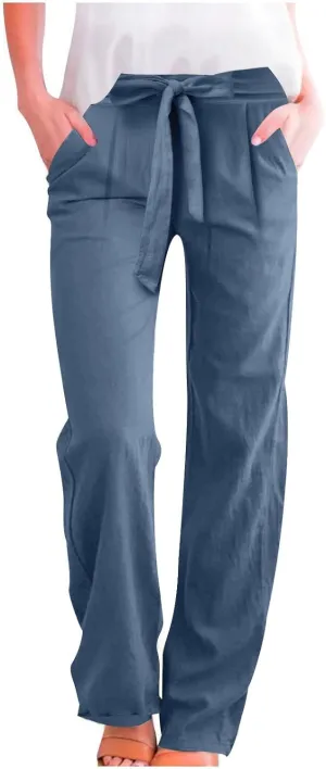 Plus Size Linen Pants for Women Straight Leg Drawstring Elastic Waist Pants Summer Beach Trousers with Side Pockets