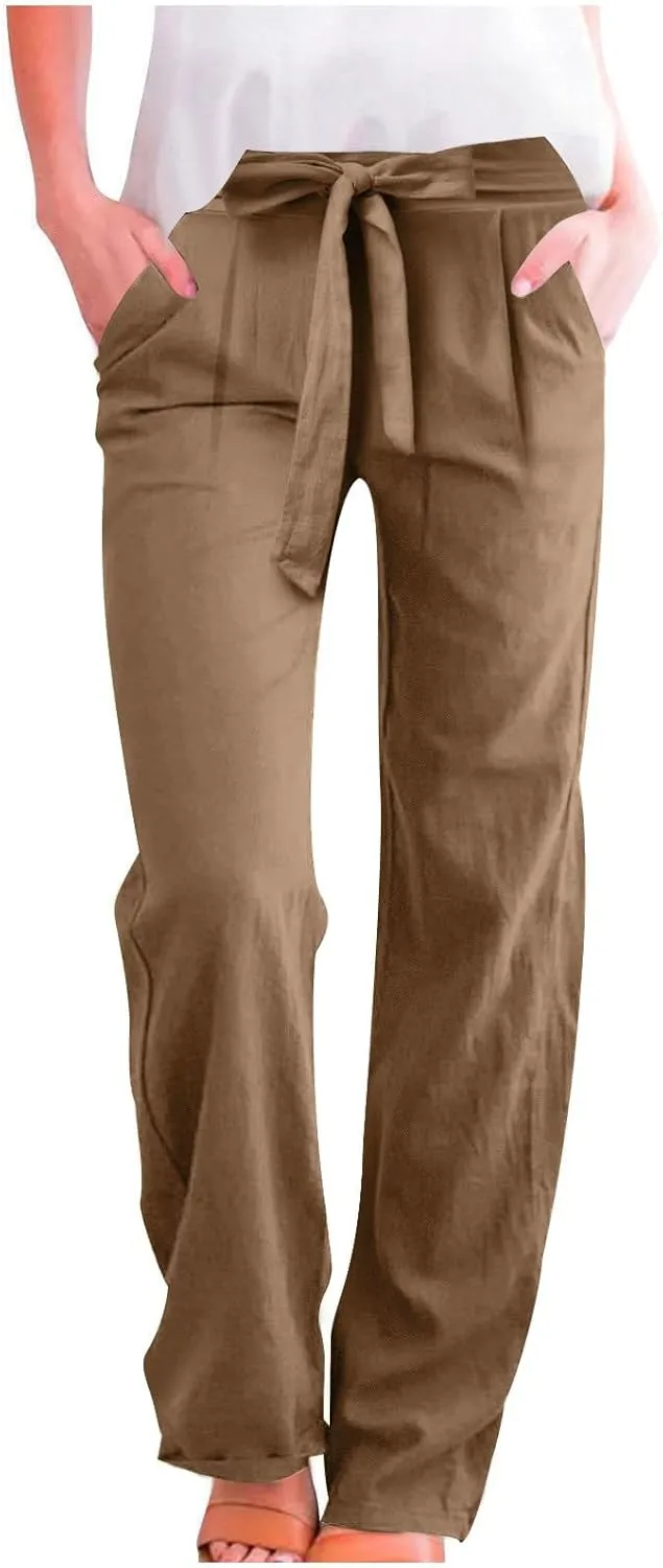 Plus Size Linen Pants for Women Straight Leg Drawstring Elastic Waist Pants Summer Beach Trousers with Side Pockets