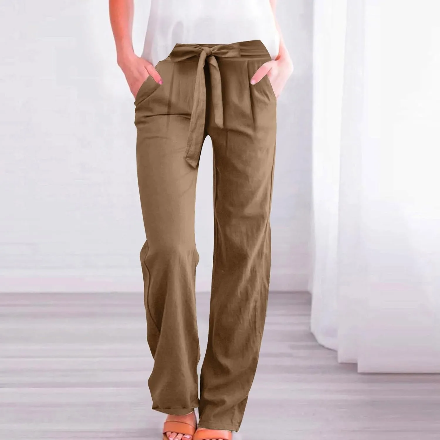 Plus Size Linen Pants for Women Straight Leg Drawstring Elastic Waist Pants Summer Beach Trousers with Side Pockets