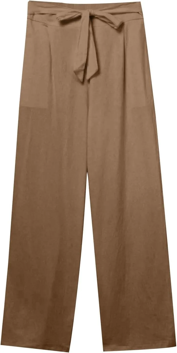 Plus Size Linen Pants for Women Straight Leg Drawstring Elastic Waist Pants Summer Beach Trousers with Side Pockets