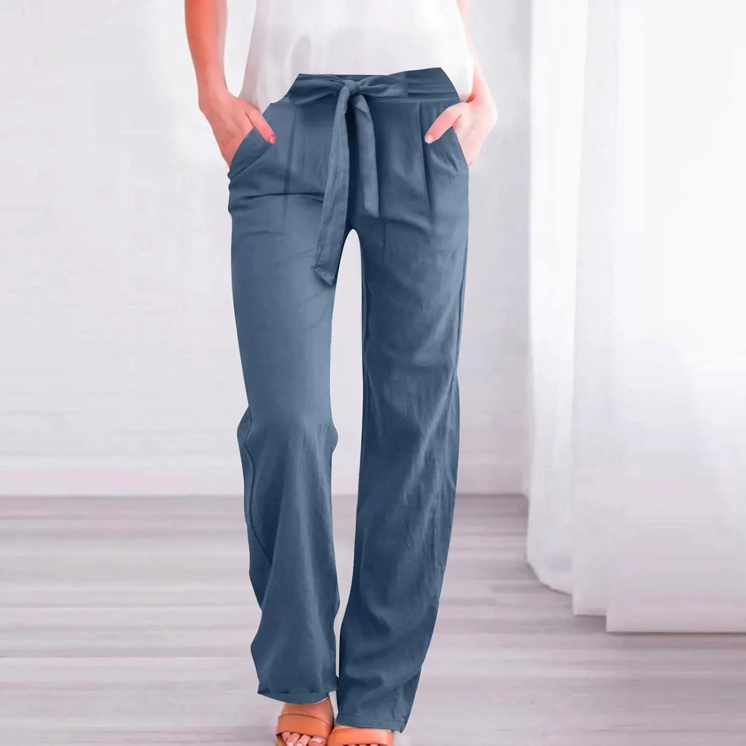 Plus Size Linen Pants for Women Straight Leg Drawstring Elastic Waist Pants Summer Beach Trousers with Side Pockets