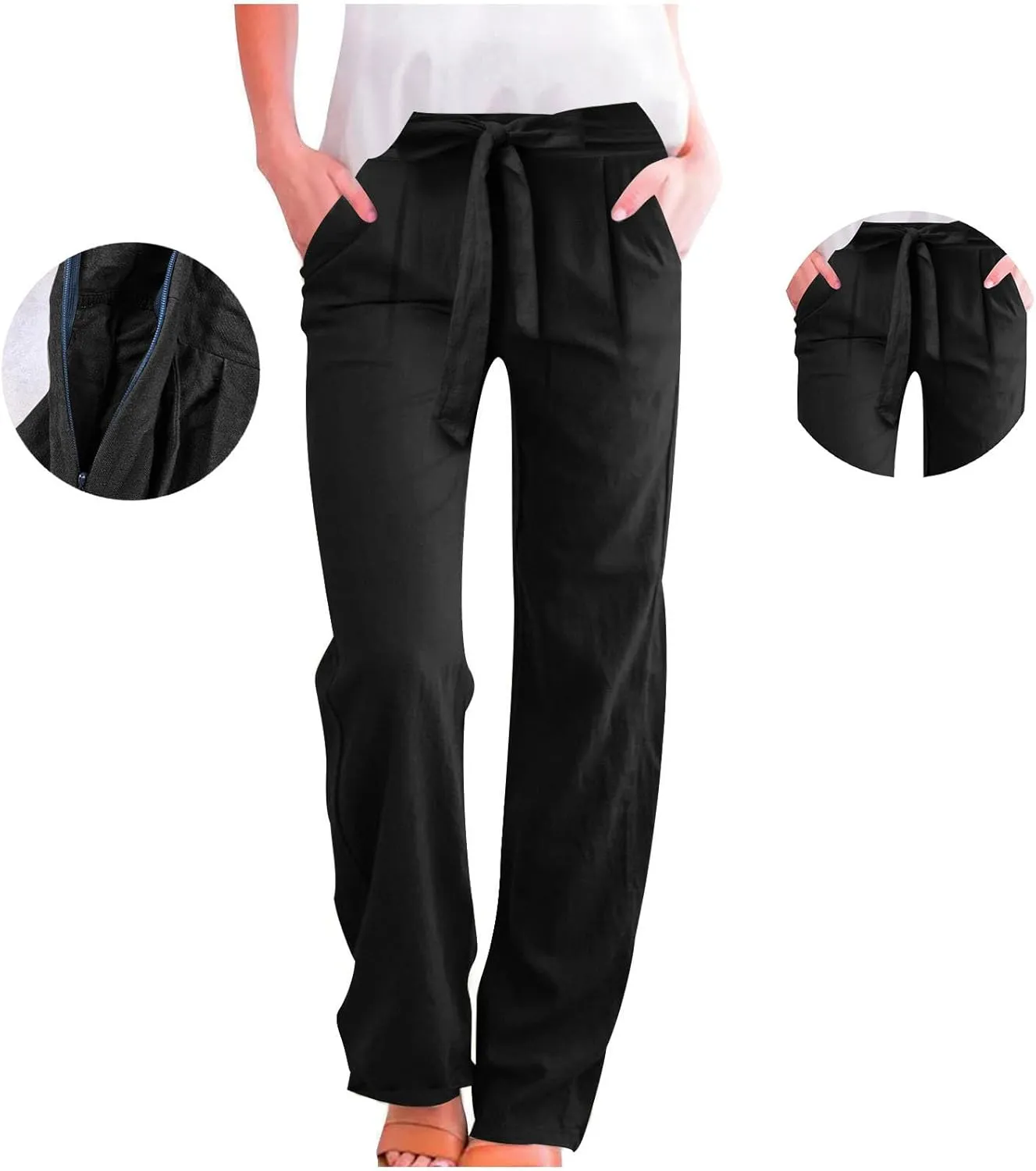 Plus Size Linen Pants for Women Straight Leg Drawstring Elastic Waist Pants Summer Beach Trousers with Side Pockets