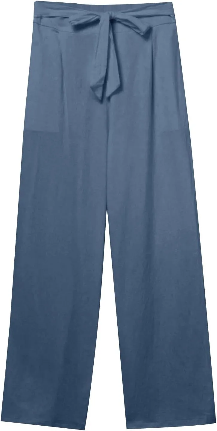 Plus Size Linen Pants for Women Straight Leg Drawstring Elastic Waist Pants Summer Beach Trousers with Side Pockets