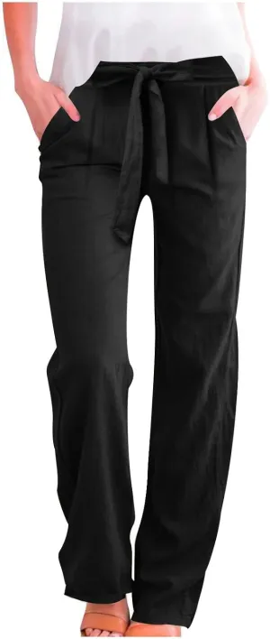 Plus Size Linen Pants for Women Straight Leg Drawstring Elastic Waist Pants Summer Beach Trousers with Side Pockets