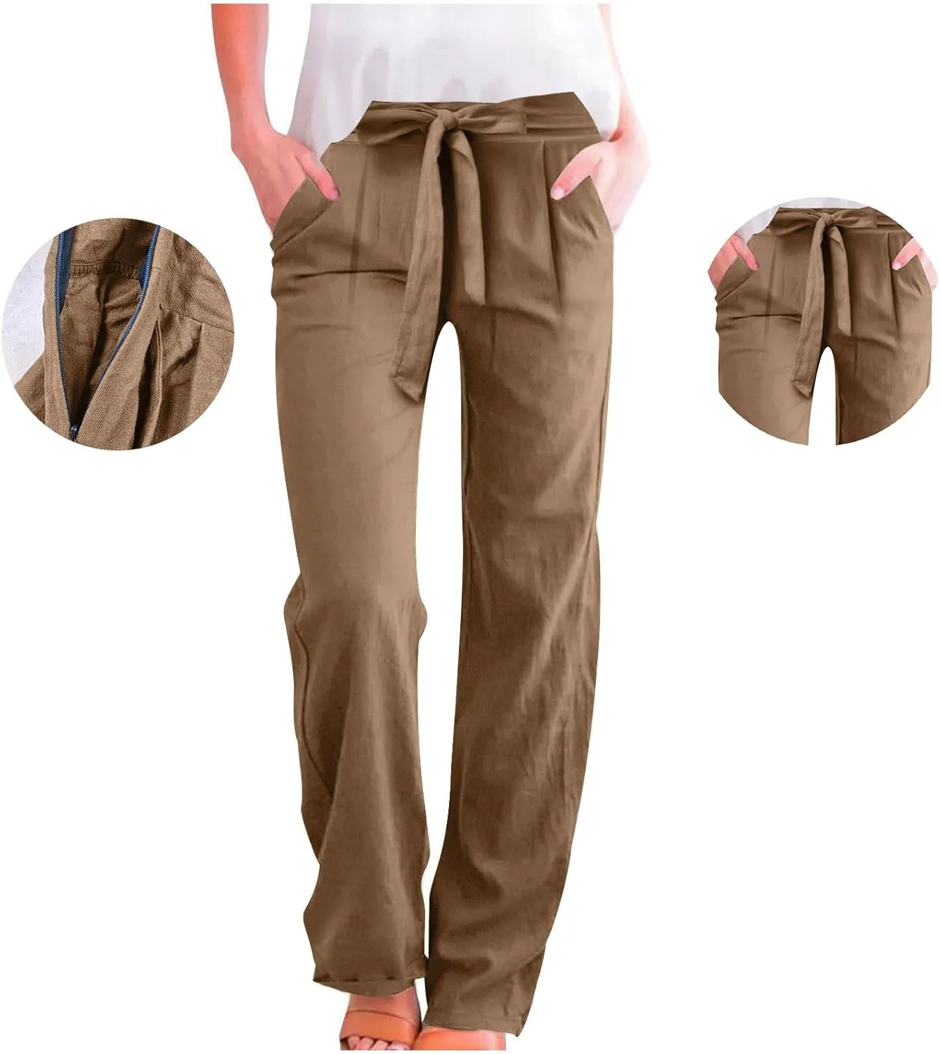 Plus Size Linen Pants for Women Straight Leg Drawstring Elastic Waist Pants Summer Beach Trousers with Side Pockets