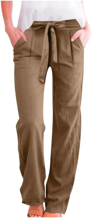 Plus Size Linen Pants for Women Straight Leg Drawstring Elastic Waist Pants Summer Beach Trousers with Side Pockets