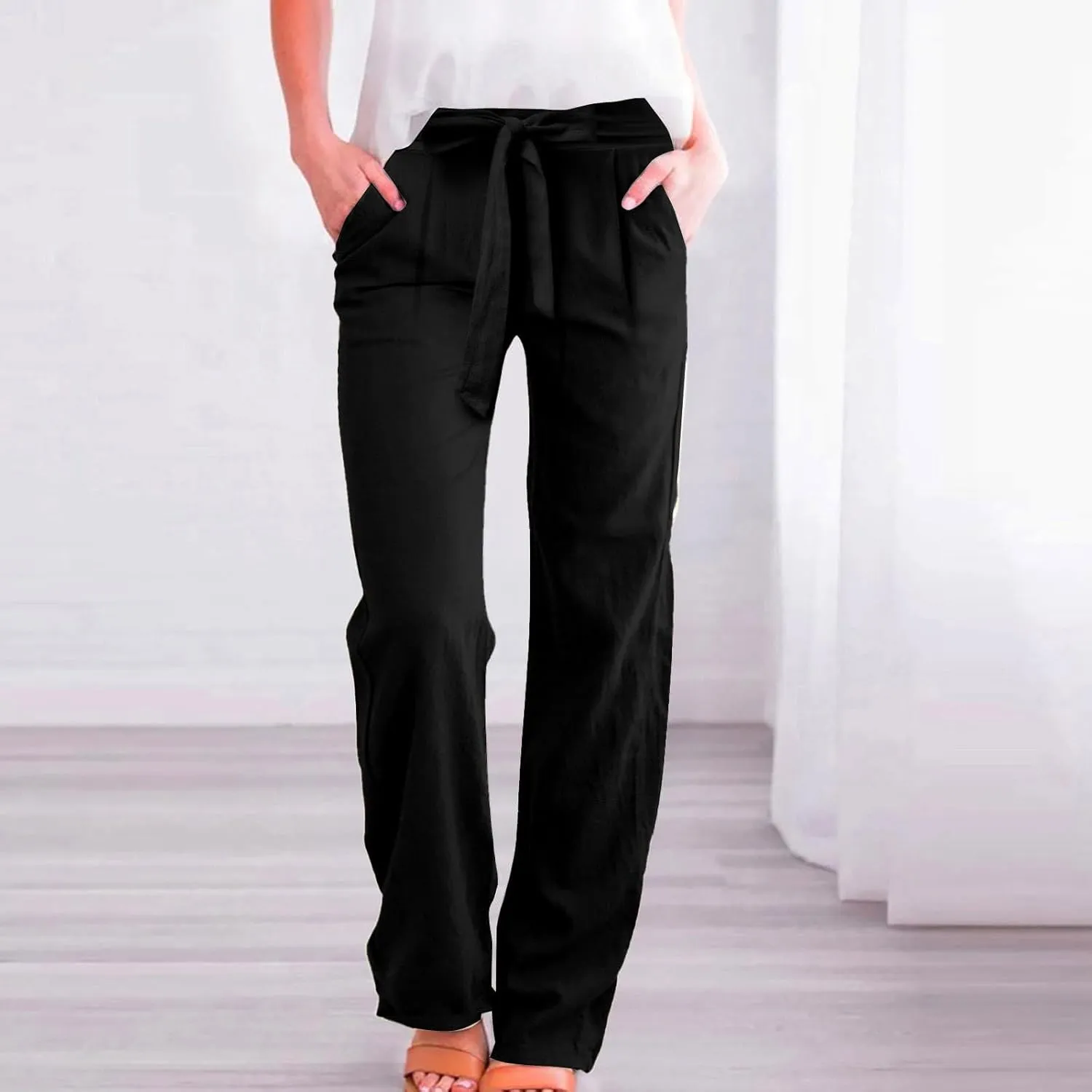 Plus Size Linen Pants for Women Straight Leg Lightweight Summer Pants Casual Loose High Waisted Lounge Pants w/Pockets