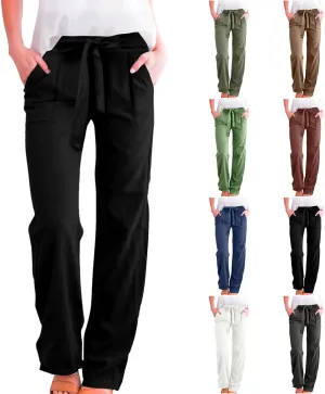 Plus Size Linen Pants for Women Straight Leg Lightweight Summer Pants Casual Loose High Waisted Lounge Pants w/Pockets