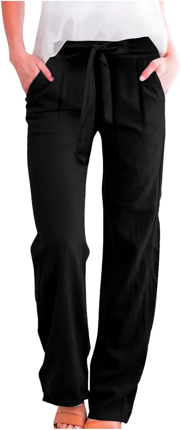 Plus Size Linen Pants for Women Straight Leg Lightweight Summer Pants Casual Loose High Waisted Lounge Pants w/Pockets