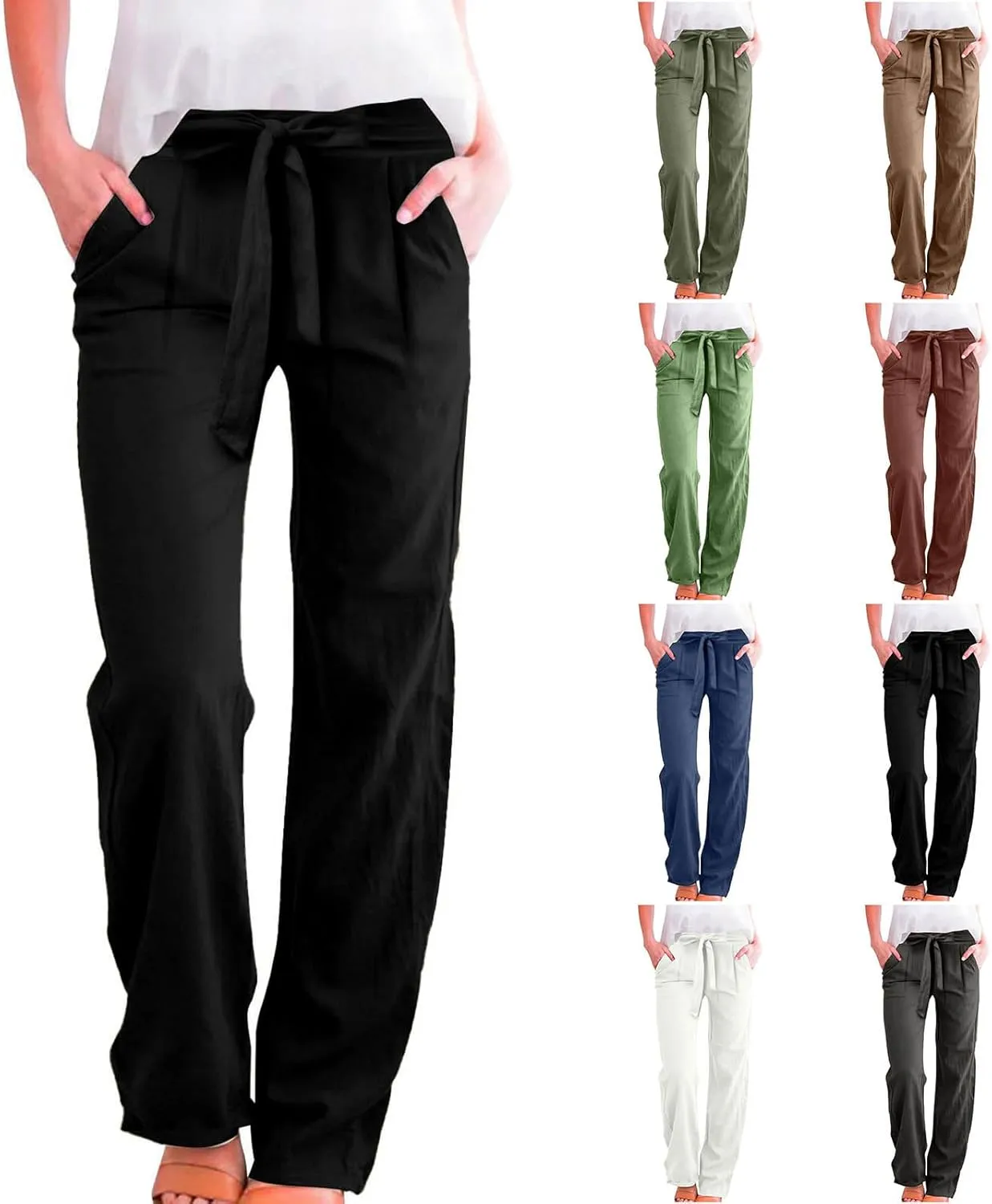 Plus Size Linen Pants for Women Straight Leg Lightweight Summer Pants Casual Loose High Waisted Lounge Pants w/Pockets