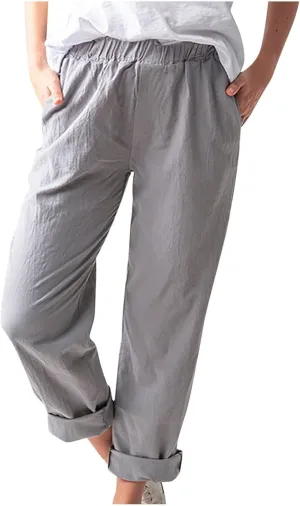 Plus Size Linen Pants for Women Summer Trousers with Side Pockets Straight Leg High Waisted Elastic Beach Pants