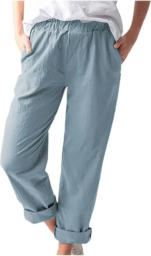 Plus Size Linen Pants for Women Summer Trousers with Side Pockets Straight Leg High Waisted Elastic Beach Pants