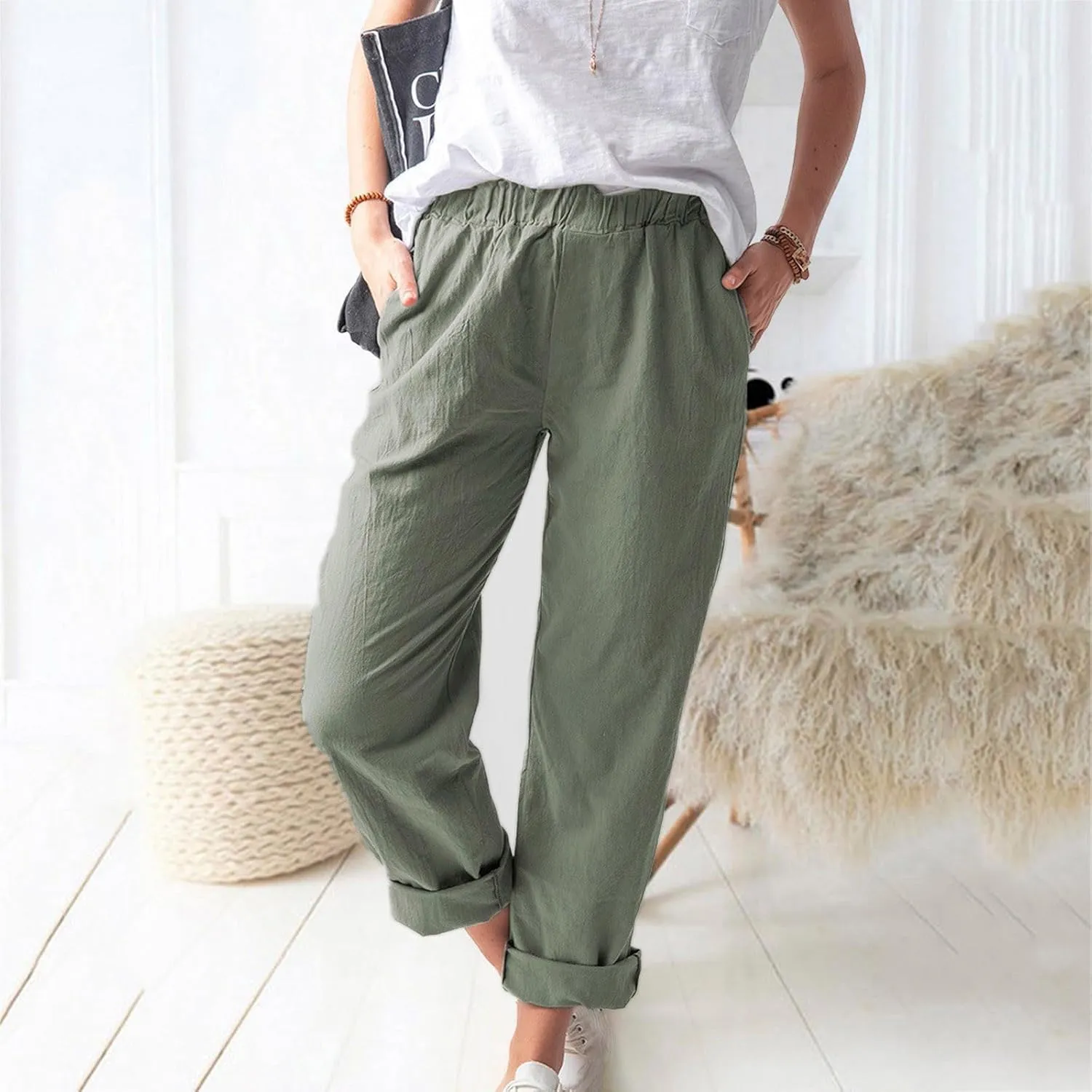 Plus Size Linen Pants for Women Summer Trousers with Side Pockets Straight Leg High Waisted Elastic Beach Pants