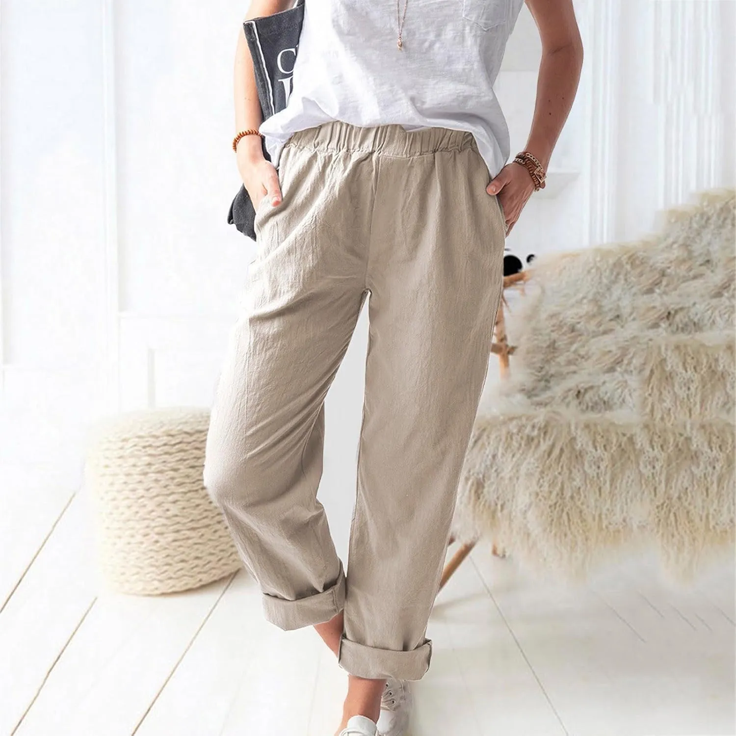 Plus Size Linen Pants for Women Summer Trousers with Side Pockets Straight Leg High Waisted Elastic Beach Pants
