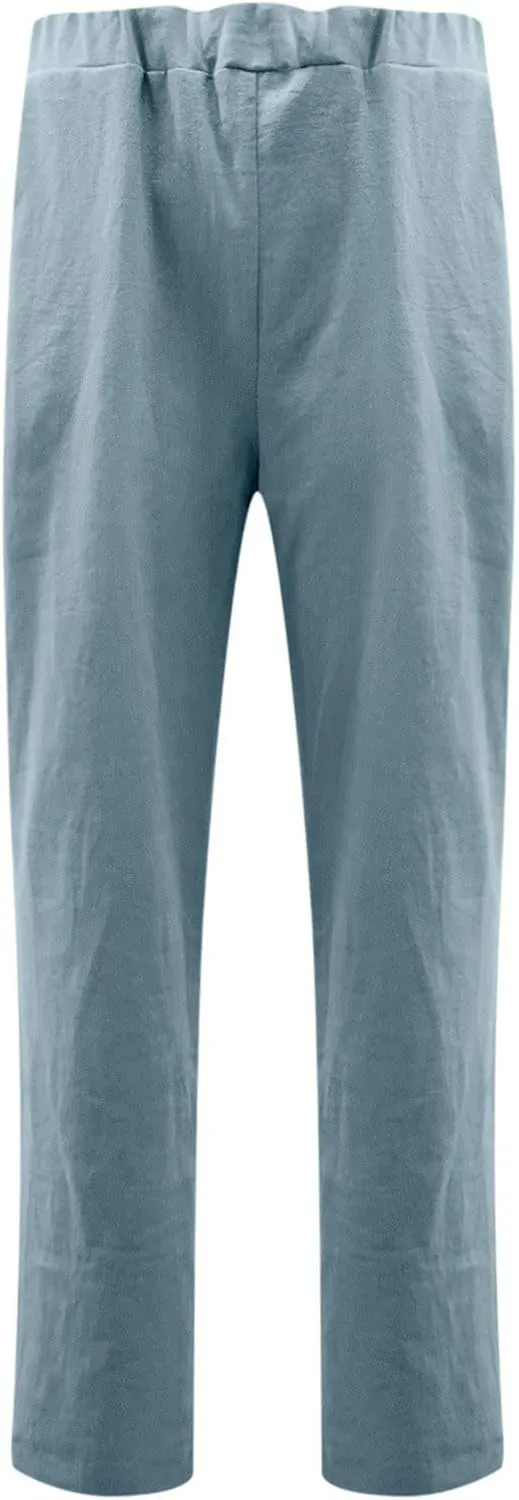Plus Size Linen Pants for Women Summer Trousers with Side Pockets Straight Leg High Waisted Elastic Beach Pants