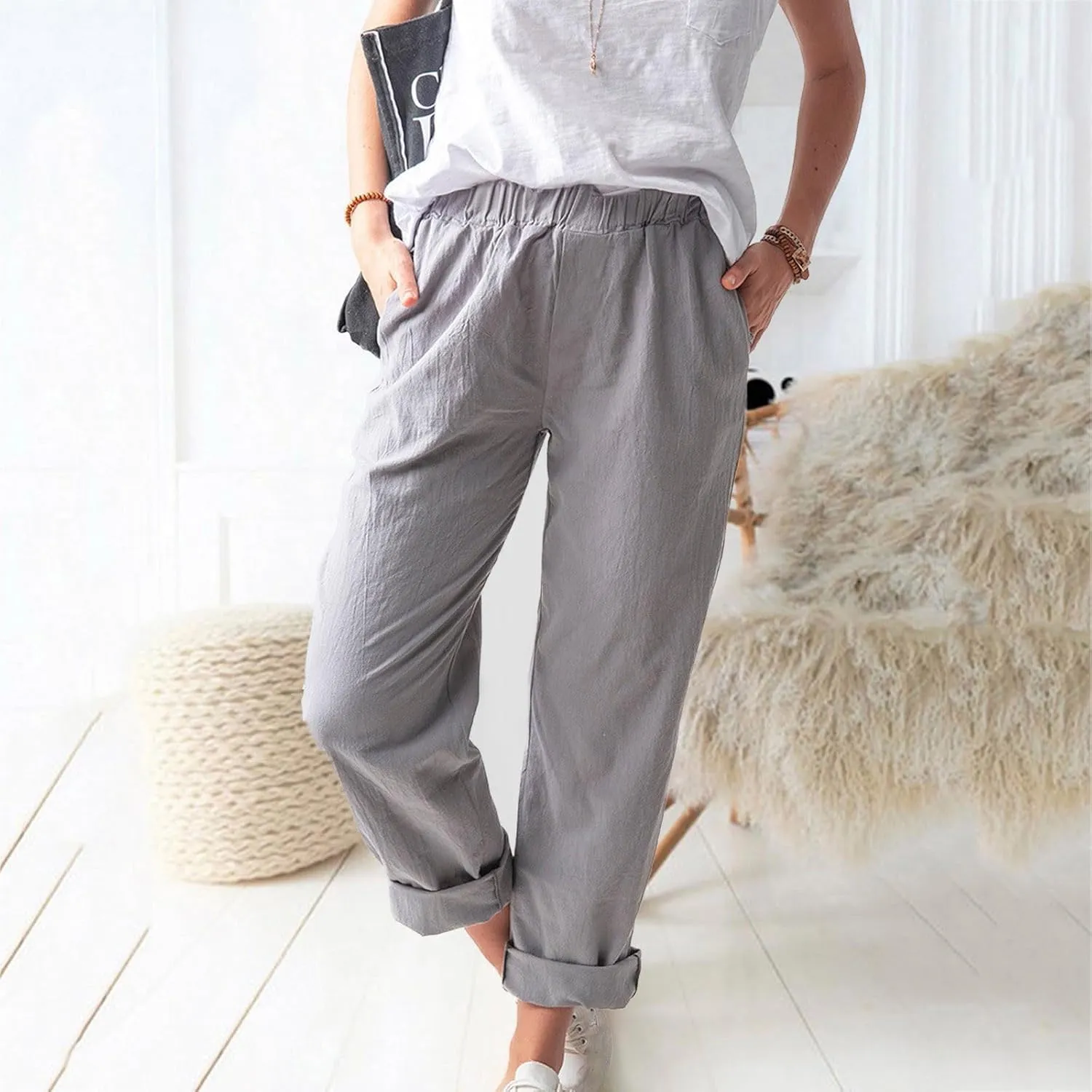 Plus Size Linen Pants for Women Summer Trousers with Side Pockets Straight Leg High Waisted Elastic Beach Pants