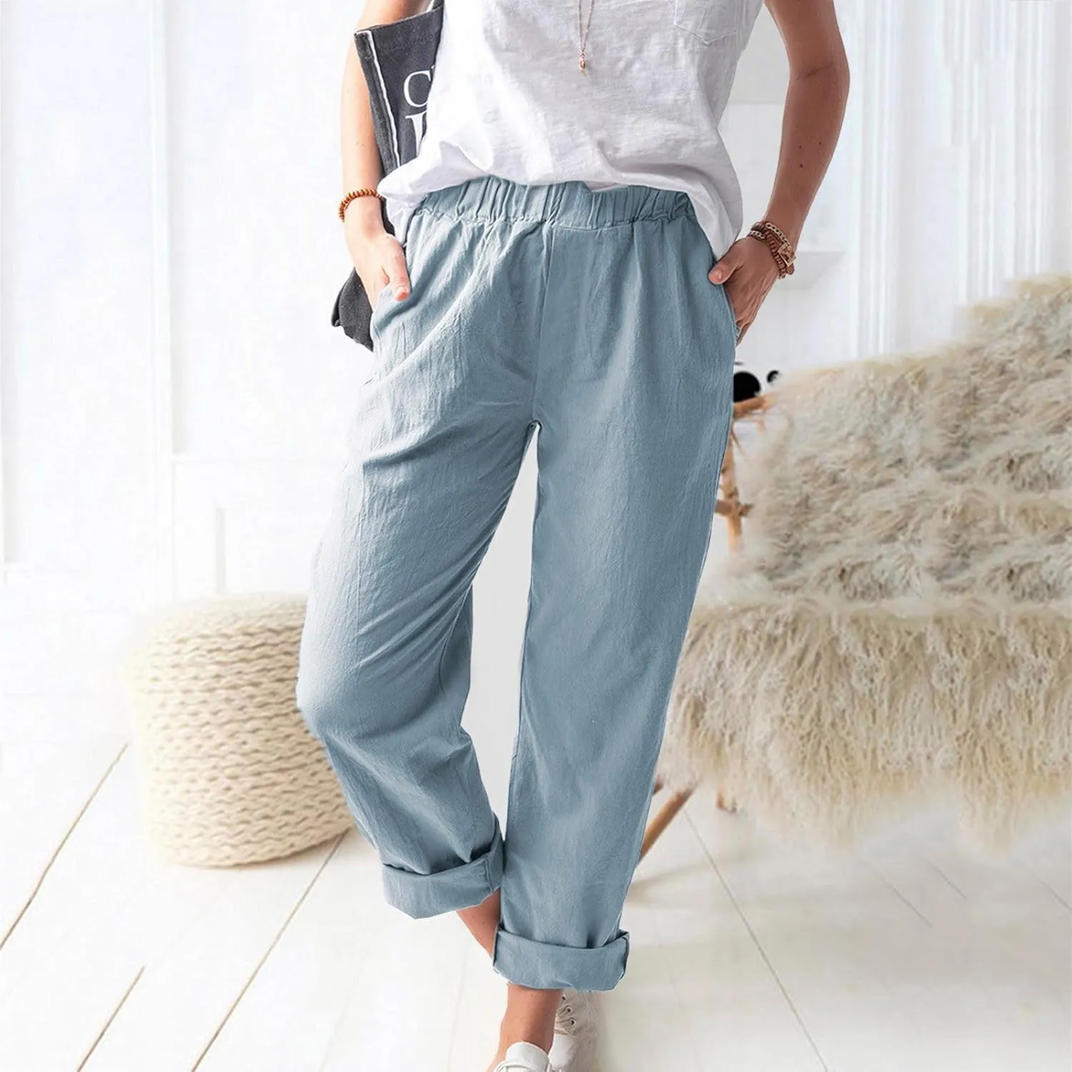 Plus Size Linen Pants for Women Summer Trousers with Side Pockets Straight Leg High Waisted Elastic Beach Pants