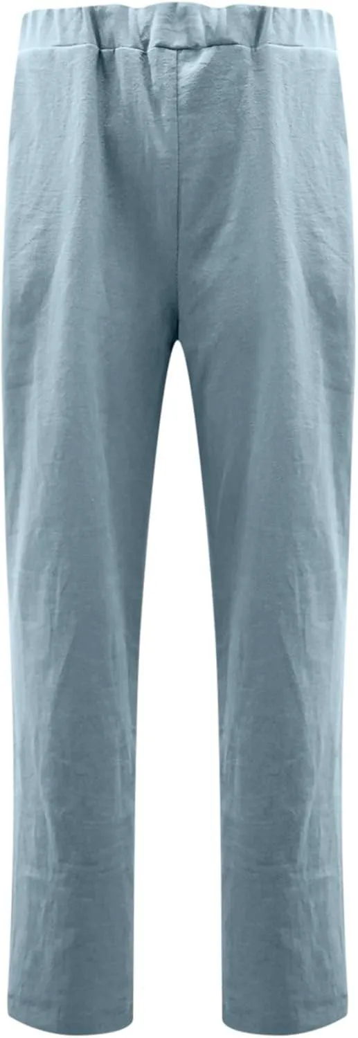 Plus Size Linen Pants for Women Summer Trousers with Side Pockets Straight Leg High Waisted Elastic Beach Pants