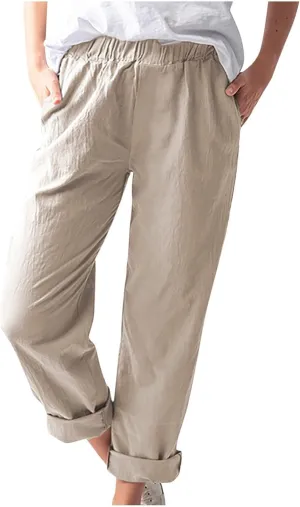 Plus Size Linen Pants for Women Summer Trousers with Side Pockets Straight Leg High Waisted Elastic Beach Pants