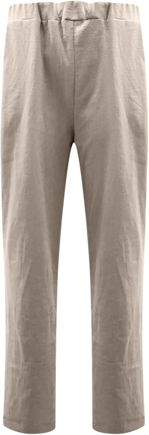Plus Size Linen Pants for Women Summer Trousers with Side Pockets Straight Leg High Waisted Elastic Beach Pants