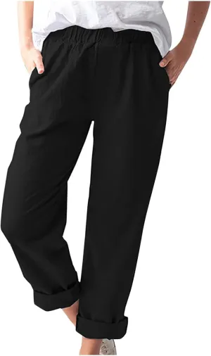 Plus Size Linen Pants for Women Summer Trousers with Side Pockets Straight Leg High Waisted Elastic Beach Pants