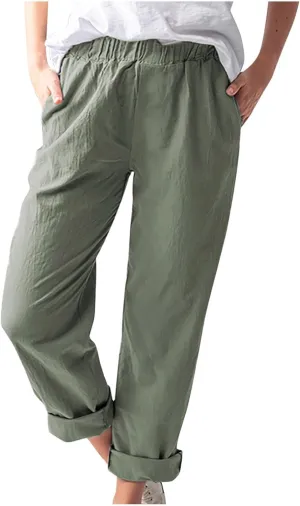 Plus Size Linen Pants for Women Summer Trousers with Side Pockets Straight Leg High Waisted Elastic Beach Pants