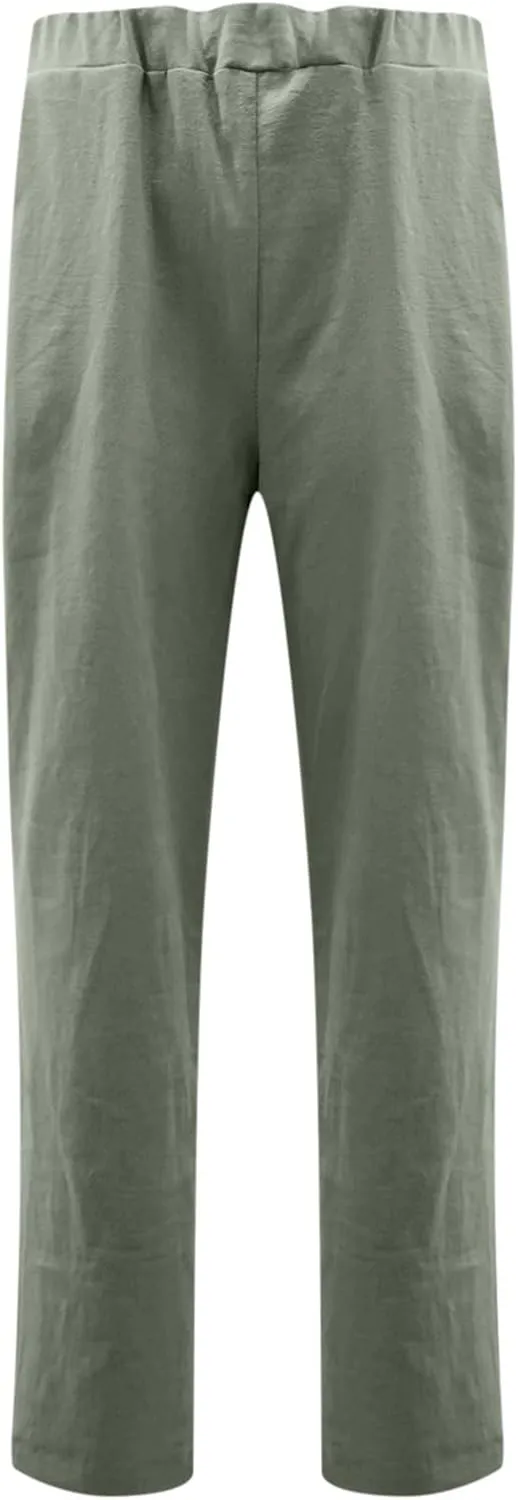 Plus Size Linen Pants for Women Summer Trousers with Side Pockets Straight Leg High Waisted Elastic Beach Pants