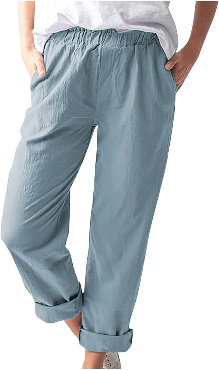 Plus Size Linen Pants for Women Summer Trousers with Side Pockets Straight Leg High Waisted Elastic Beach Pants