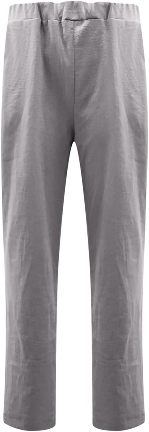 Plus Size Linen Pants for Women Summer Trousers with Side Pockets Straight Leg High Waisted Elastic Beach Pants