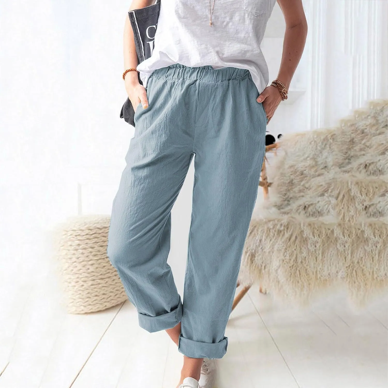 Plus Size Linen Pants for Women Summer Trousers with Side Pockets Straight Leg High Waisted Elastic Beach Pants