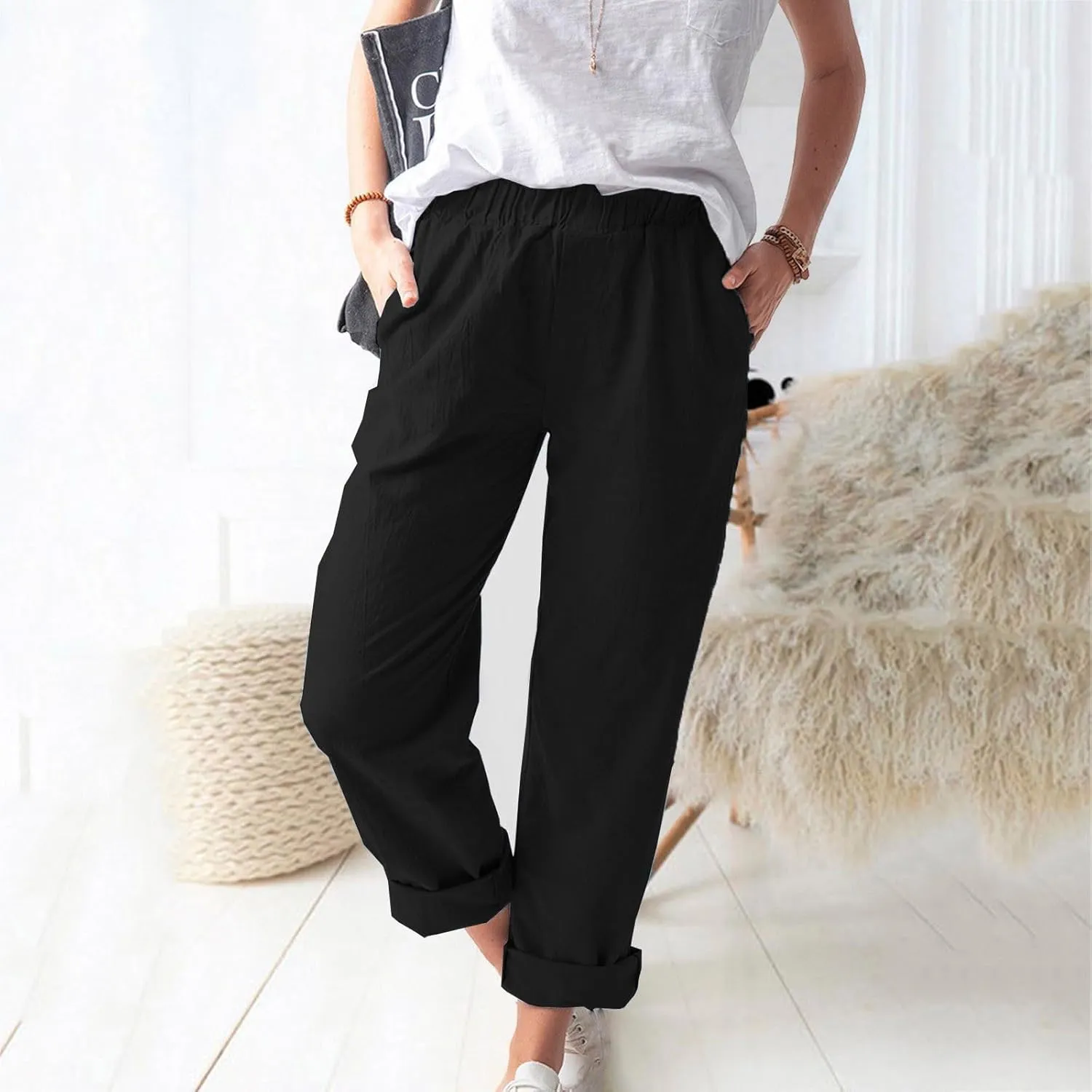Plus Size Linen Pants for Women Summer Trousers with Side Pockets Straight Leg High Waisted Elastic Beach Pants