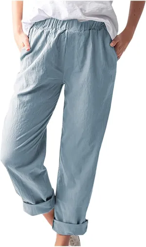Plus Size Linen Pants for Women Summer Trousers with Side Pockets Straight Leg High Waisted Elastic Beach Pants
