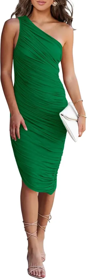 PRETTYGARDEN Summer One Shoulder Dresses for Women 2025 Elegant Mesh Ruched Asymmetrical Wedding Guest Cocktail Bodycon Dress