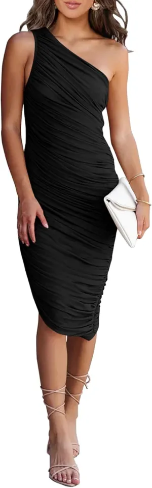 PRETTYGARDEN Summer One Shoulder Dresses for Women 2025 Elegant Mesh Ruched Asymmetrical Wedding Guest Cocktail Bodycon Dress