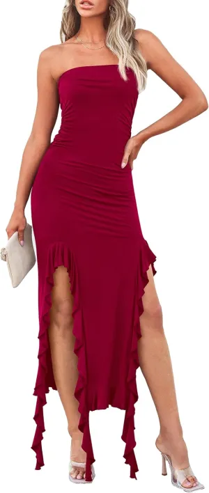 PRETTYGARDEN Women's Sexy Midi Bodycon Dress Summer Strapless Irregular Ruffle Trim Y2K Tube Club Party Dresses