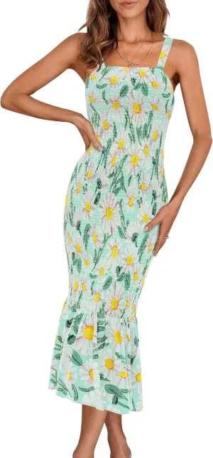PRETTYGARDEN Women's Summer Floral Midi Tank Dress Sleeveless Strappy Ruffle Hem Smocked Bodycon Dresses