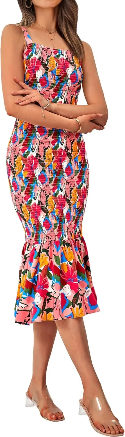 PRETTYGARDEN Women's Summer Floral Midi Tank Dress Sleeveless Strappy Ruffle Hem Smocked Bodycon Dresses