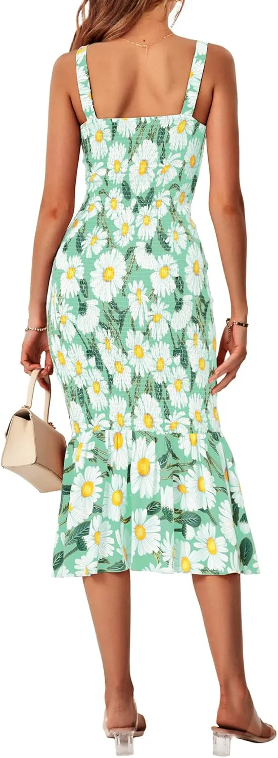 PRETTYGARDEN Women's Summer Floral Midi Tank Dress Sleeveless Strappy Ruffle Hem Smocked Bodycon Dresses