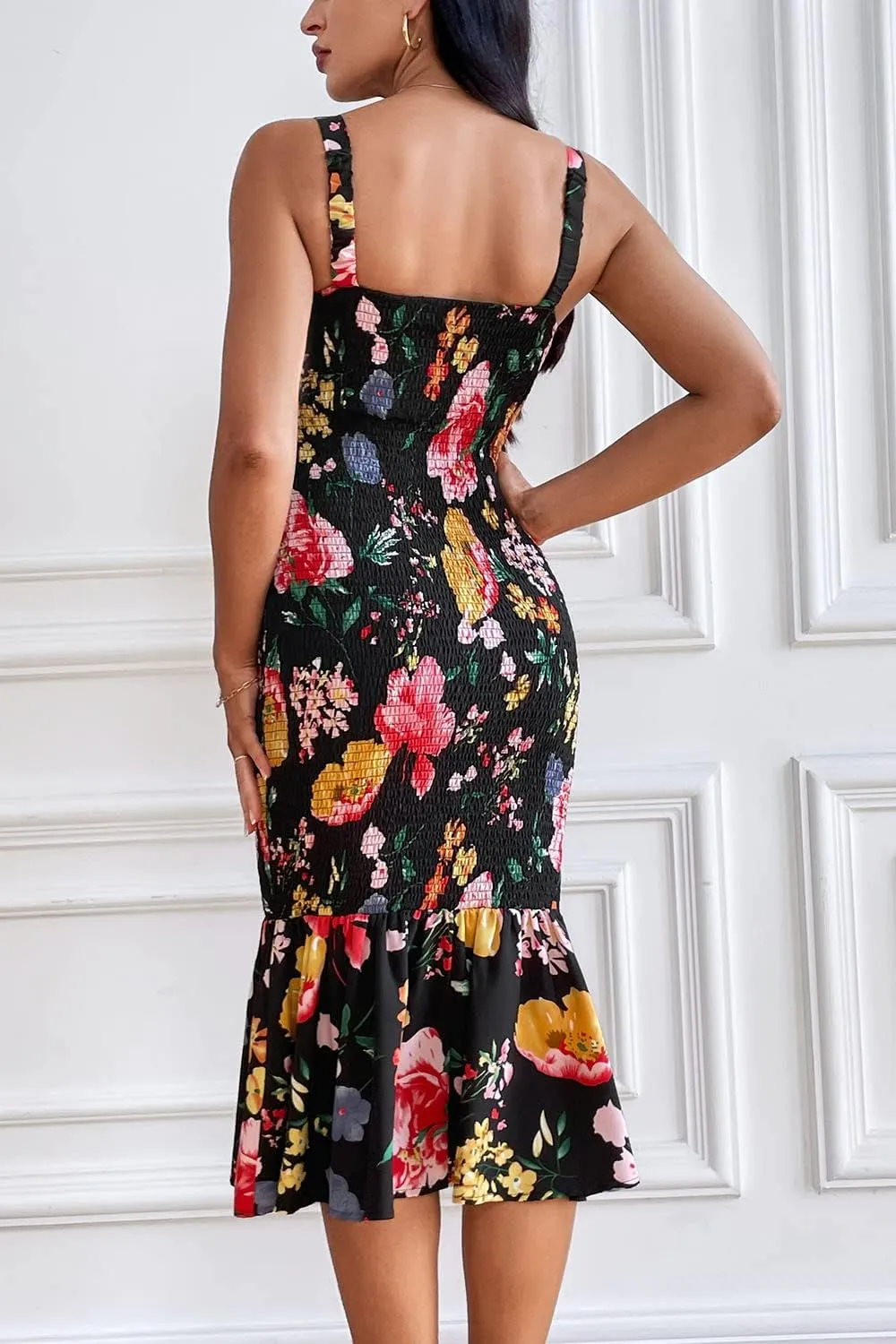 PRETTYGARDEN Women's Summer Floral Midi Tank Dress Sleeveless Strappy Ruffle Hem Smocked Bodycon Dresses