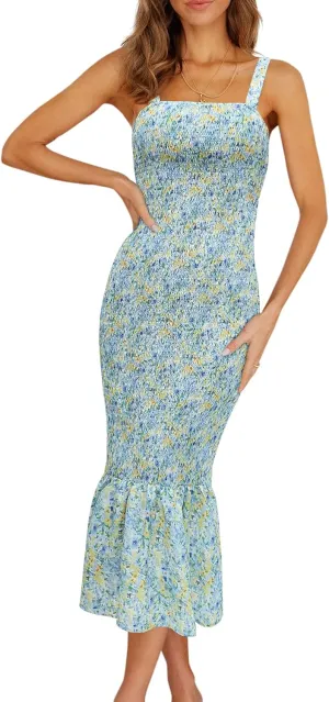PRETTYGARDEN Women's Summer Floral Midi Tank Dress Sleeveless Strappy Ruffle Hem Smocked Bodycon Dresses